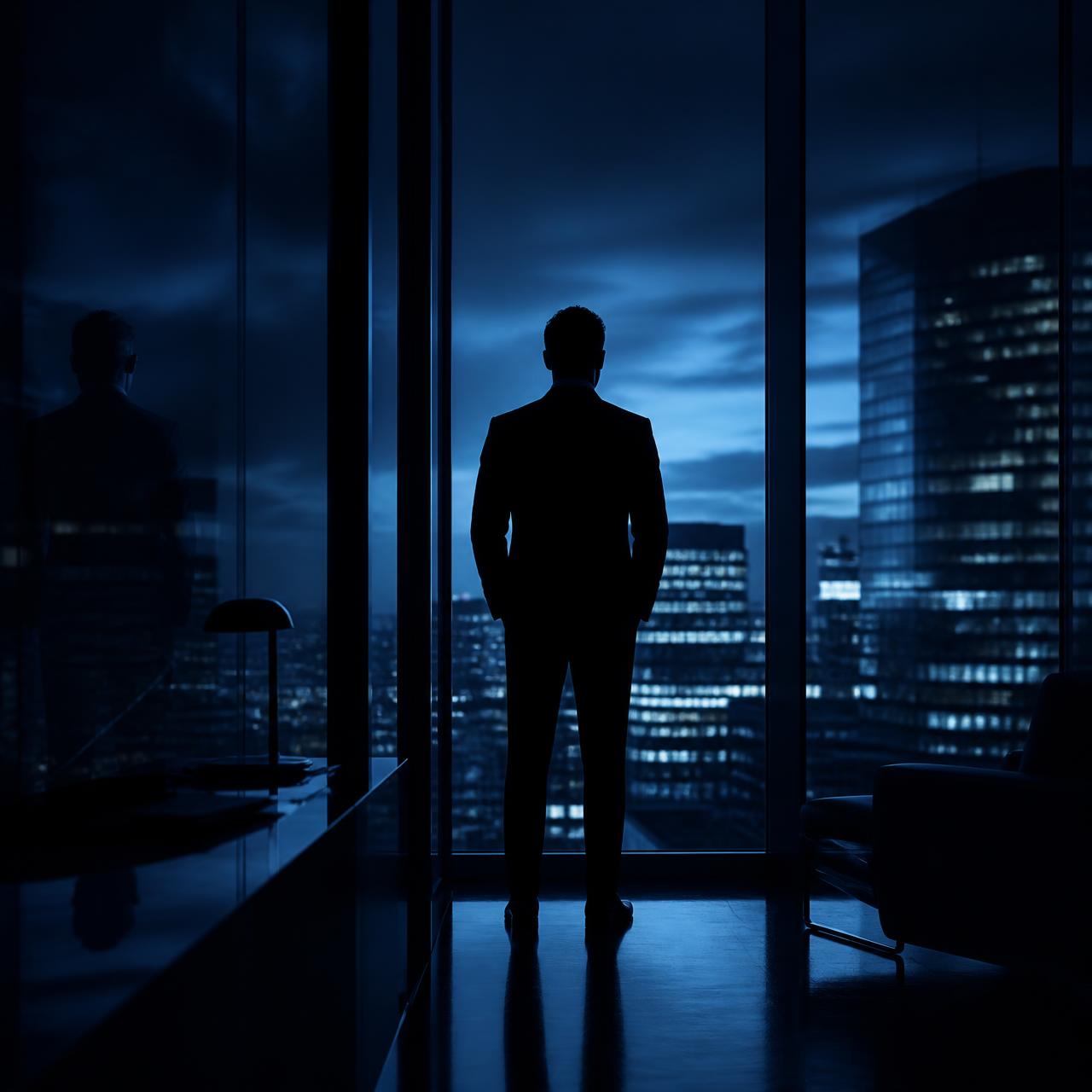 Líder refletindo diante da janela de um escritório